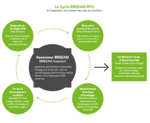 Schéma du cycle BREEAM RFO présentant les étapes d’évaluation et de certification en rénovation et fit-out
