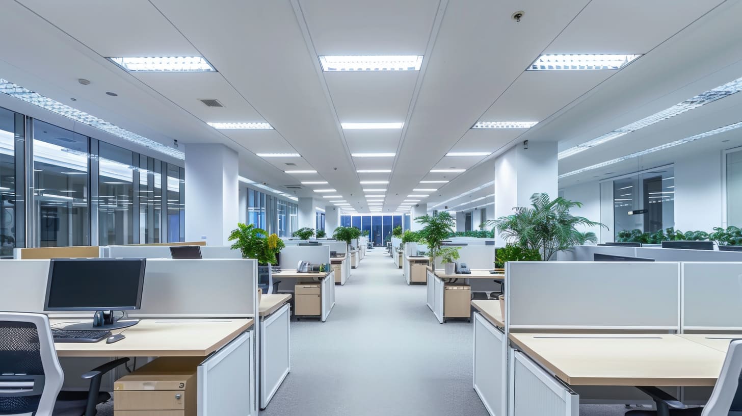 Éclairage LED dans l'open space d'un immeuble de bureaux tertiaire