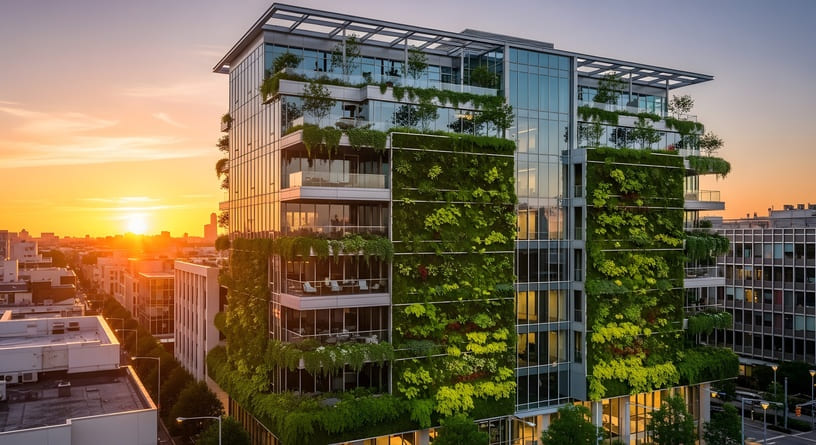 Façade de bâtiment neuf avec brise-soleil et grandes baies vitrées, illustrant la conception bioclimatique
