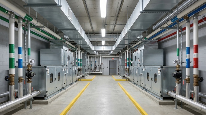Centrales de traitement d'air dans le local technique CVC d'un bâtiment tertiaire